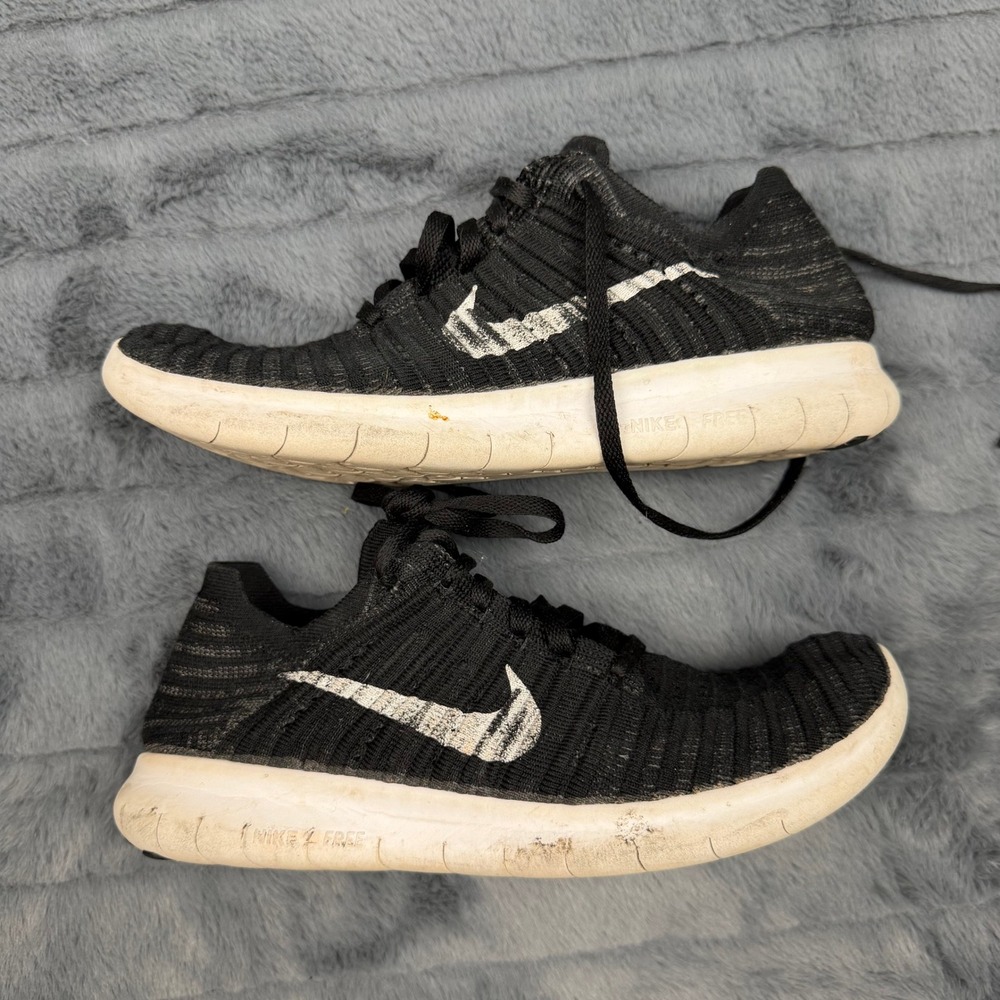 Nike Free RN Flyknit Womens 7.5 Black White Running Shoes 831070-001